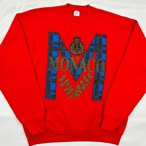 Monaco Red Crewneck Sweater with Blue Plaid and Gold Accents